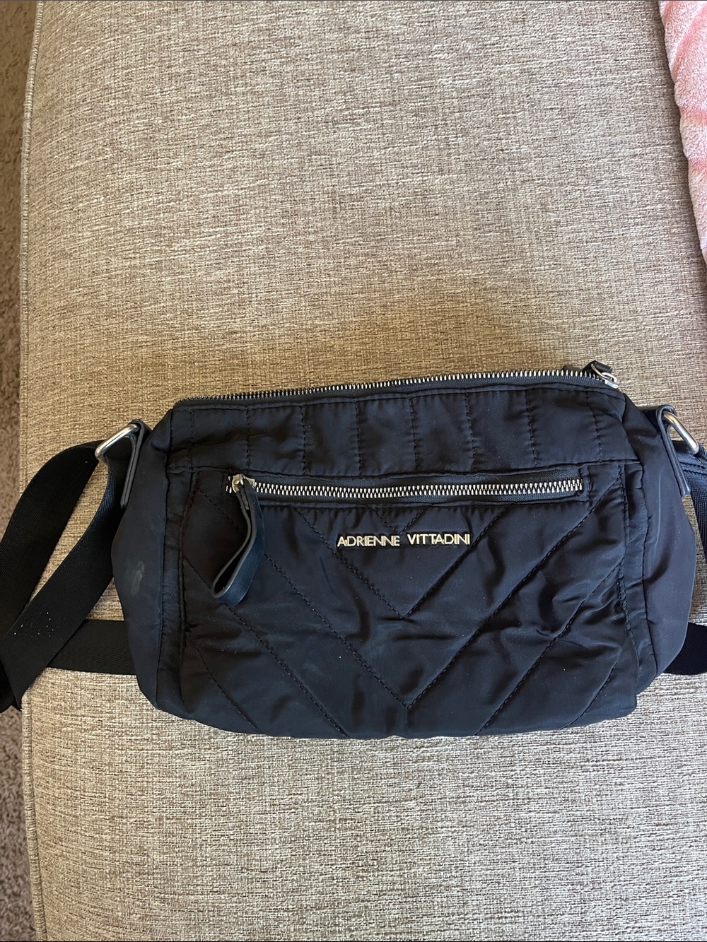 Adrienne Vittadini Black Quilted Belt Bag with Front Zip